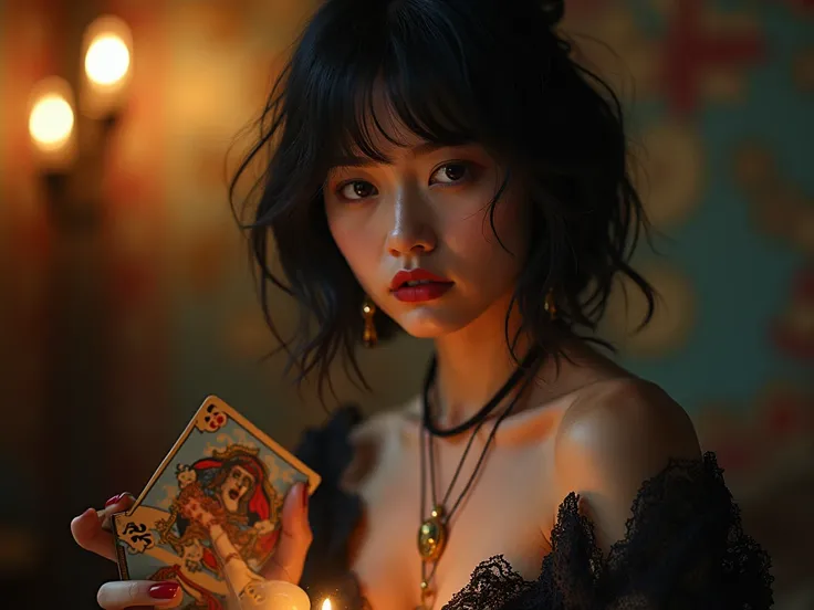 ((masterpiece)), (( best quality)), tarot cards、 tarot cardsを引く、Female fortune teller、No exposed skin、 25-year-old woman crossing an obstacle 、 black hair、 very short、Mysterious、 imaginary、 high image quality、Realistic