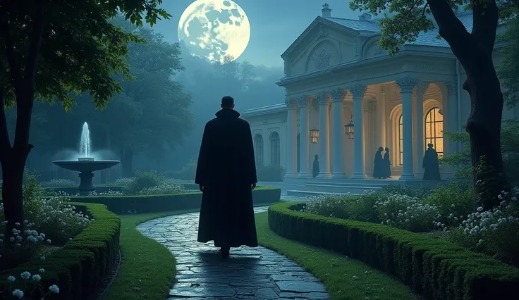 A serene palace garden under moonlight, with Rasputin walking alone along a path. The royal family is visible through a lit window in the background, their silhouettes watching him as he moves like a shadow."