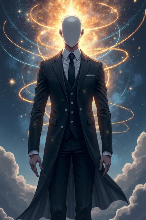 Make a celestial body, star, deity or a god , with no defined gender, wearing a formal black suit, its skin is outer space, it has no face, just a humanoid appearance, anime style, muscular A background that represents space-time and with effects that symb...