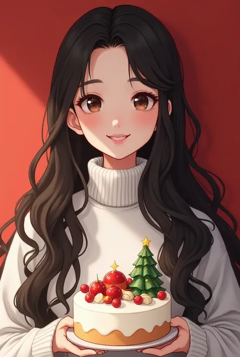       Asian Style、 Korean Style Idol 、 1 cute girl ,        my hair is long   、   my hem is wavy   、   My hair is split in the middle   、 Im holding out a Christmas cake、 Im wearing a white high neck sweater ,    The background is a red wall 、  long hair, ...