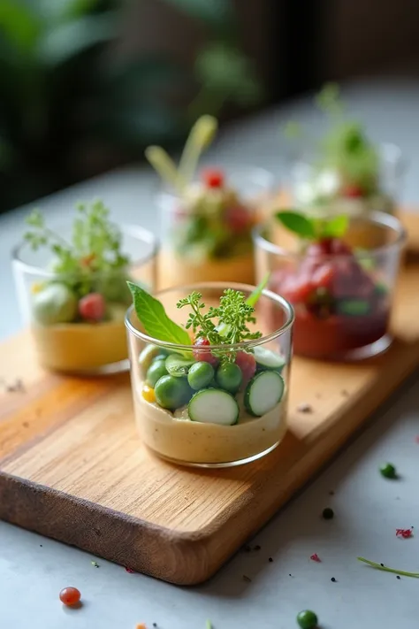 Verrine de houmous aux petits pois, verrine de radis concombre et chèvre frais, et verrine de tartare de bœuf 