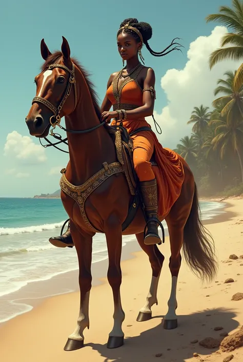 African woman on a horse holding a bottle at a beach