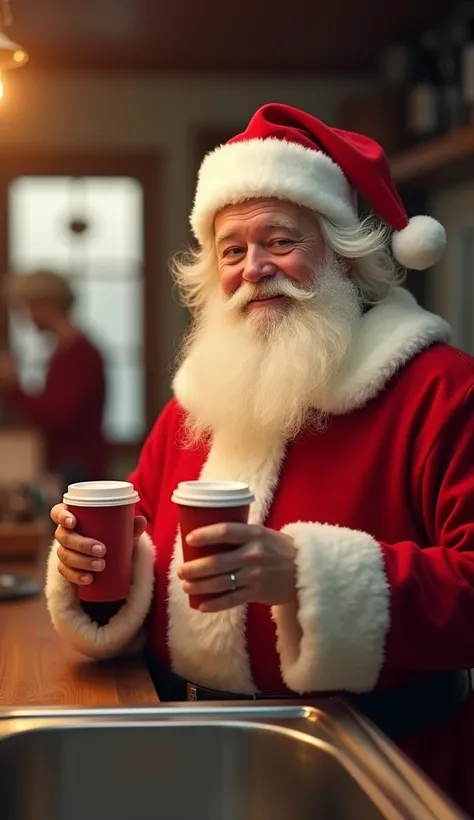 Santa Claus, smiling warmly, holding a disposable coffee cup, indoors in a kitchen setting.  Hes wearing a traditional red Santa Claus suit with white fur trim, and a matching Santa hat.  His white beard is full and flowing.  Hes looking directly at the ca...