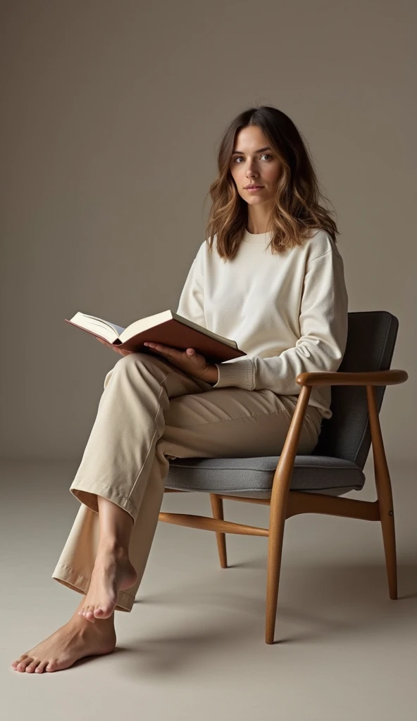 A 37-year-old dressed in neutral tones, sitting on a modern chair with a book.