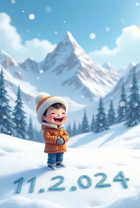  There is a boy standing in the background of the snowy mountains ,  dressed in a winter jacket and hat .  He is standing on a sparkling snowfield ,  surrounded by white mountain peaks ,  that cast shadows on the snow .  His two hands are in the groin area...