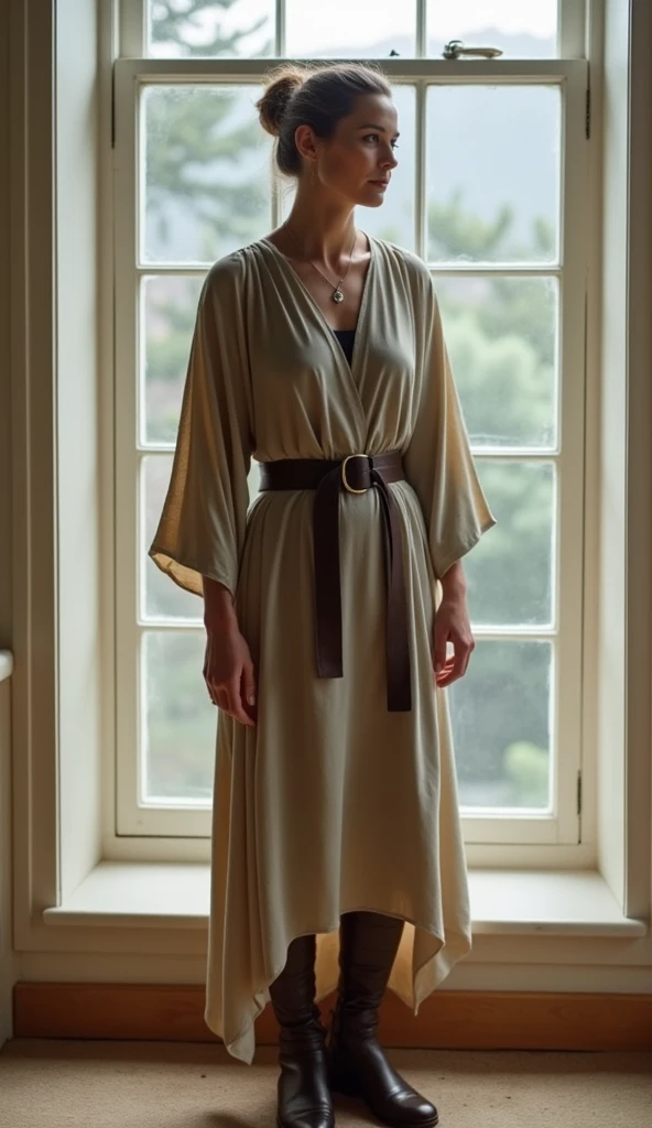 A 39-year-old woman in a belted, long tunic and leggings, standing near a large window.