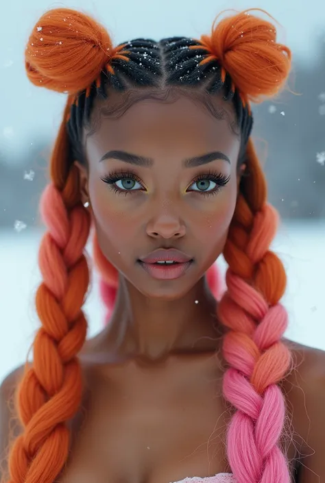 gorgeous toffee-toned African American and Japanese mixed woman with long glossy orange and pink ombré braids, giant hair bows, green brown eyes, thick mink upper and lower lashes, plump glossy lips, vibrant makeup, soft freckles nude jn the snow