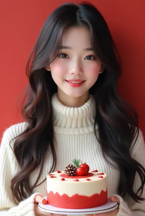       Asian Style、 Korean Style Idol 、 1 cute girl ,        my hair is long   、   my hem is wavy   、   My hair is split in the middle   、 Im holding out a Christmas cake、 Im wearing a white high neck sweater ,    The background is a red wall 、  long hair, ...