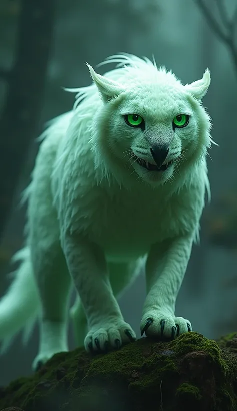 In the second image, create a hybrid where the characteristics of [translucent jaguar] and [green snowy owl] combine into a single continuous entity, with a monstrous and dangerous appearance and an intense version background in its expression. Do this in ...