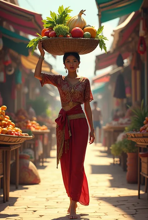 a beautiful woman dressed in a kebaya, She is walking to the market with goods like vegetables or textiles balanced on their heads. The weather is sunny and bright.