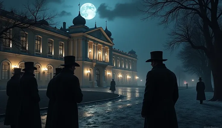 The Yusupov Palace at night, its grand facade illuminated by moonlight. A small group of men in overcoats and hats waits in the shadows, exchanging conspiratorial glances. Rasputin, unaware, approaches in the distance.