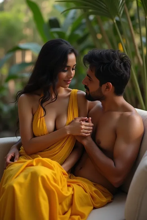 realistic ultra hd, cinematic, erotic, sensual sex, one indian boy and one indian girl, on the couch in bali. outdoor, yellow sari falls off her shoulder, ((no bra)) revealing her naked breast, man grabbing and holding her naked breast, nipple slip, man mu...