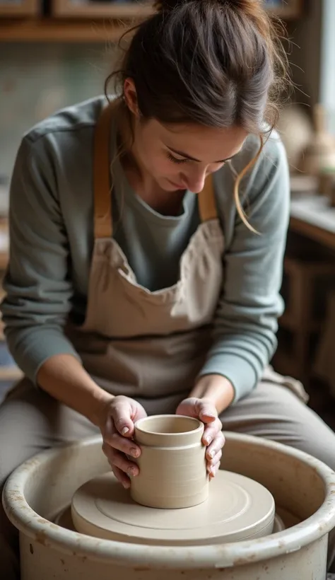 A 40-year-old artist in a long-sleeved top and apron, working on a pottery wheel.