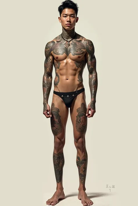 Show full body portrayal of one male handsome asia (detail face angular) (20-years-old,slender) (well-built) (oriental) (tallish) (Show 2 leg detail) (naked bodyAnkle tattoo: 
Wrist tattoo 
Hip tattoo: 
Forearm tattoo:  
Upper Arm tattoo: 
Back Should...