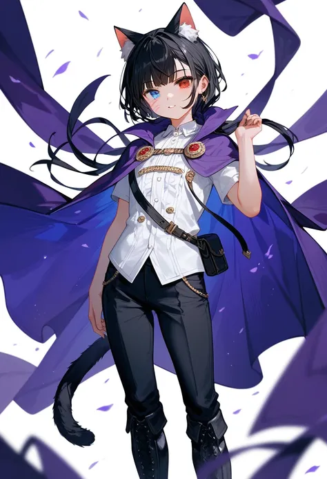 Black Hair少年，Around fifteen years old，Black Hair，Cat ears，Cat tail， purple cape，Heterochromia，Red left eye，Blue right eye， White Shirt ， purple cape，Standing，whole body， is open to the audience， white background，masterpiece， HD，4K， detailed facial portraya...