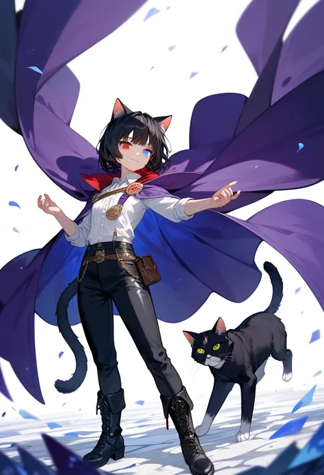 Black Hair少年，Around fifteen years old，Black Hair，Cat ears，Cat tail， purple cape，Heterochromia，Red left eye，Blue right eye， White Shirt ， purple cape，Standing，whole body， is open to the audience， white background，masterpiece， HD，4K， detailed facial portraya...