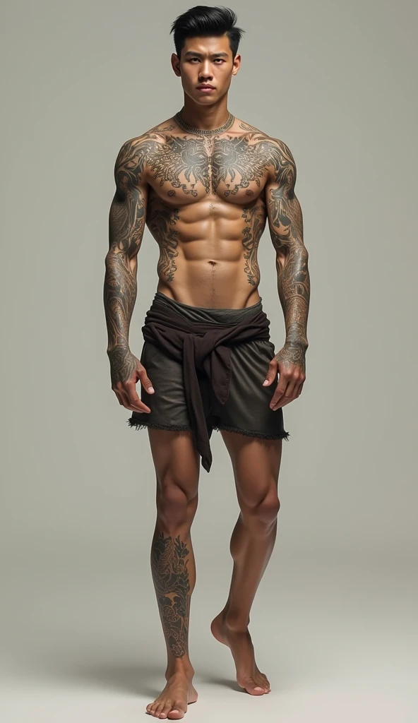 Show full body portrayal of one male handsome asia (detail face angular) (20-years-old,slender) (well-built) (oriental) (tallish) (Show 2 leg detail) (naked) tattoo : Wrist tattoo, 
Hip tattoo,
Forearm tattoo,
Upper Arm tattoo,
Back Shoulder tattoo, 
...