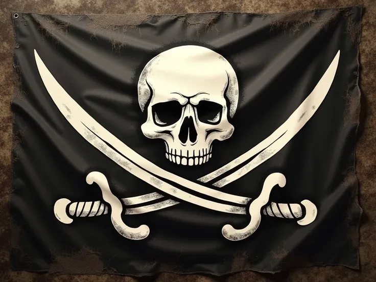 Vintage pirate flag, weathered skull and crossbones emblem.  Dark, aged, textured fabric background.  Detailed,  white skull with crossed sabers, against a dark background.  The flag appears to be draped, with fabric folds and texture clearly visible.  Int...