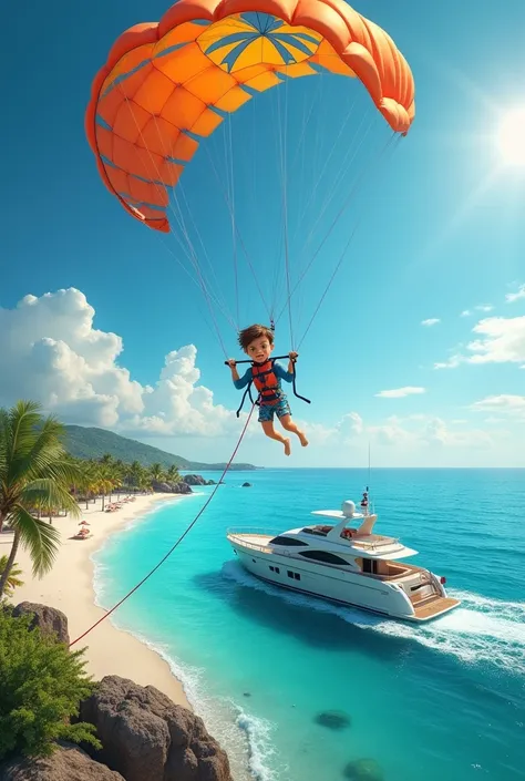 A boy doing parasailing on a beach and rope attached to a yatch , beautiful ocean realistic 