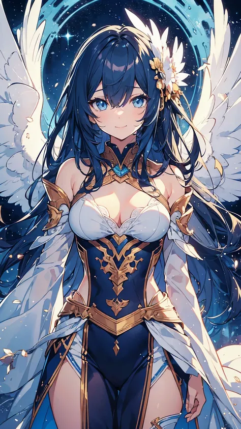 Thief,moonshine,universe,background skyscraper,Golden-white clothes made of latex that stick,Angel Wings,
 Youre Looking at Me  , smiling face ,  high resolution, masterpiece, accurate,  Top quality ,  high detail ,  Audience ,  beauty ,  Clear eyes  , abs...