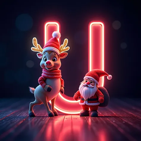 4HD neon logo image of letter U , christmas theme , small raindeer, gnome, small santa claus.