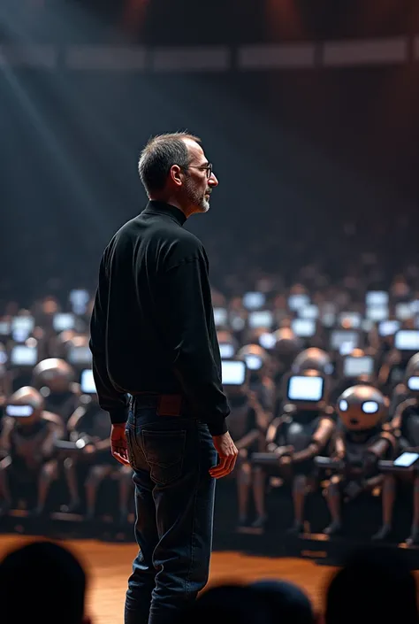 Steve Jobs giving a speech in front of a large audience. The audience is all androids, but they are all listening intently and excited. They applaud him!