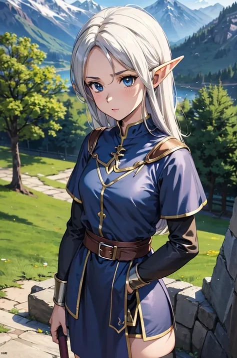  best quality,  greatest masterpiece,  highest resolution， (Dragon Quest 10　Elf), （Mountain_background），Swordsman， dark blue _ comments， short skirt ， anime style, （4K）, Alone， ((whole body)) ，  looking at the camera, 