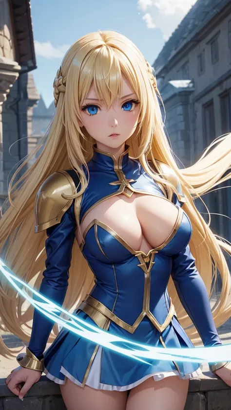 anime(Blade Dance of the Elementalers), female teen , sexy (very big tits), actress(Velsaria Eva Fahrengart), blue eyes , Blonde / Yellow hair that is To Waist length., dress (knight armor), Background (Castle of magic ),She uses lightning and wind magic t...