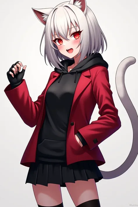 Anime, female, bratty, Red glowing eyes, Cat tail and ears, Medium White Wolf Hair cut, black hoodie, short hand red blazer, gloves fingertips, black skirt