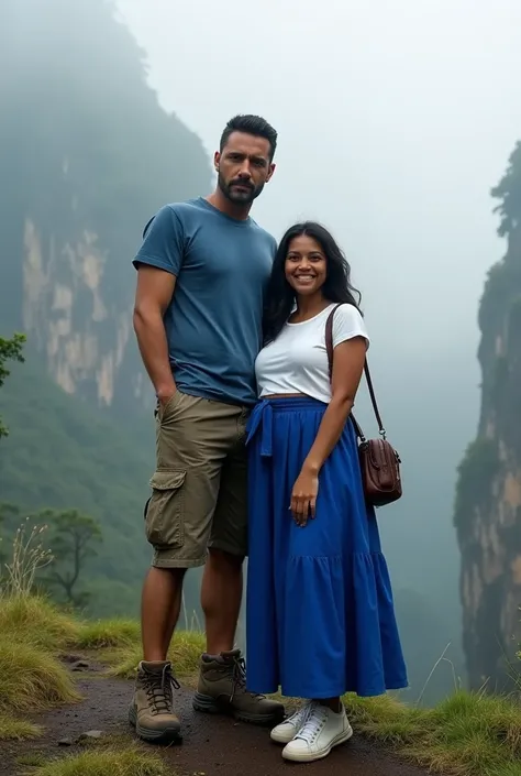 White couple: The man is mature, Age 34, solid, short dark hair, and very tall - 65", clean shaven handsome looks, in hiking boots, wearing khaki cargo shorts and blue T-shirt, and he is standing beside the girl. The girl is very young, only 20, brunette, ...