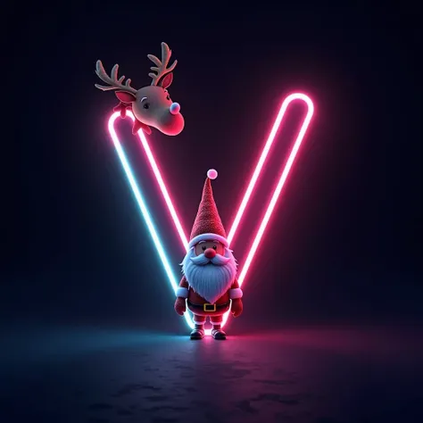 4HD neon logo image of letter V , christmas theme , small raindeer, gnome, small santa claus.