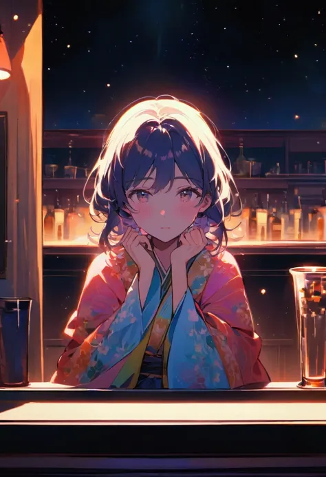 A beautiful young woman in her 20s, standing at the counter of a bar on the moon, facing the camera, the exterior of the bar is the vast expanse of space, 16:9 aspect ratio, soft lighting, detailed description, strong expression, kimono ornaments, blurred ...