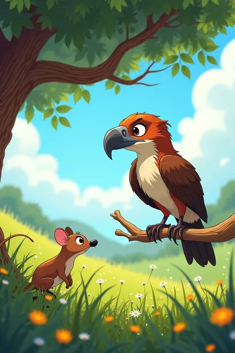 The field mouse and the buzzard talk to each other the buzzard is sitting on the branch and wants to eat the mouse in animated film style 