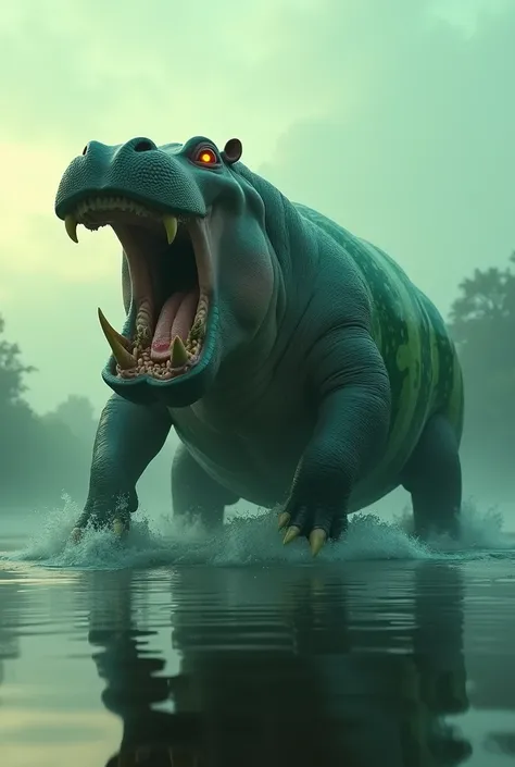 A powerful cinematic hybrid of a hippo and a watermelon stands menacingly in the same river at dusk. The creatures massive body is shaped like a scary hippo monster, with its grayish skin texture blending seamlessly into a bright green watermelon pattern. ...