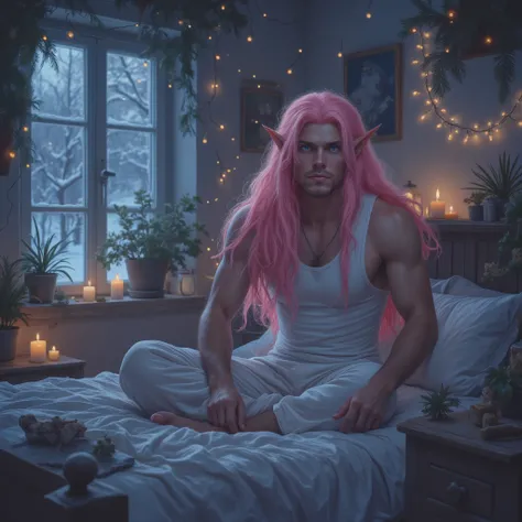 An elven MAN with very long bubblegum pink hair, pointed elf ears, and blue eyes, he sits on a bed, he wears a simple white tank top and pajama pants. It is winter outside as seen through a nearby window. The setting is his bedroom adorned with various pla...