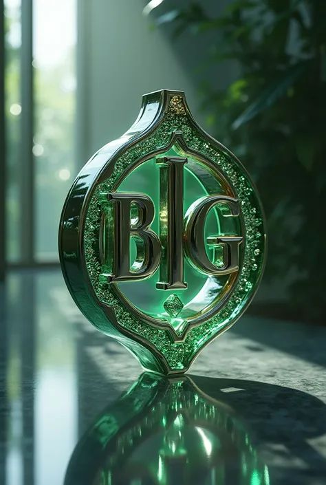 I want a logo for boutique de luxe with the initials B.I.g . NC. Related to , watches , perfumes , caps ,that is striking , futurist ,  elegant jewelry with a small touch of emeralds 