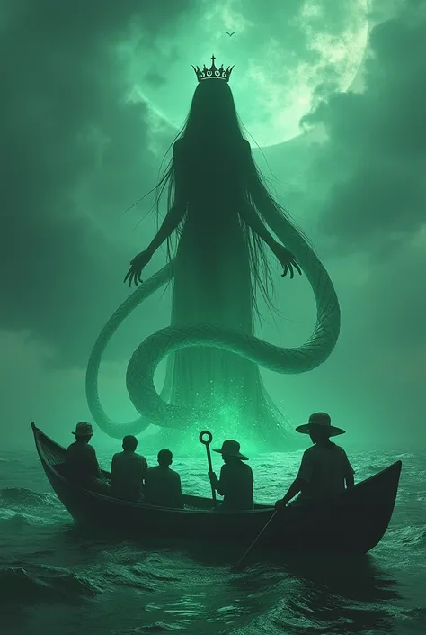  Five men go home fishermen take a boat in the middle of a sea of fear ,  looks a little far away in the middle of the sea appears a beautiful woman with long hair, snake-bodied ,  wears a crown on his head , and ancient Javanese royal dress, emits green r...