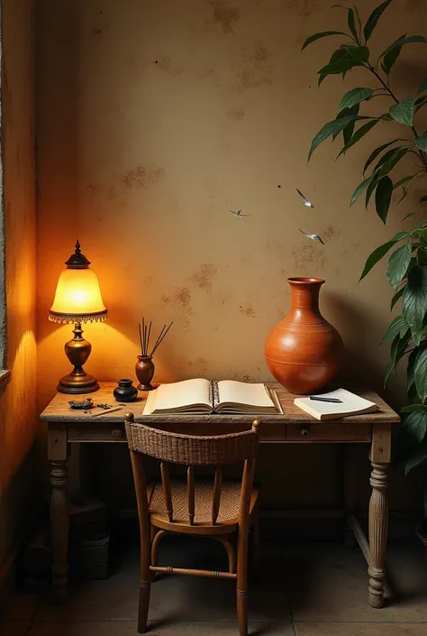 "A serene poetry book cover featuring a vintage wooden desk against an earthy mud wall adorned with soft lime line drawings. The desk is set with a warm, glowing vintage lamp on the left, casting a golden light across the scene. In the center, an ink pot, ...