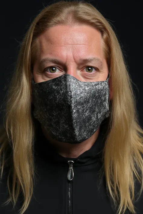 Male 45 years old,  blond with long hair, wearing an iron mask on the right side of the face , маска закрывает полностью лоб Right и щеку Right, , only one eye  (Right, where there is no mask ),  gray eyes 