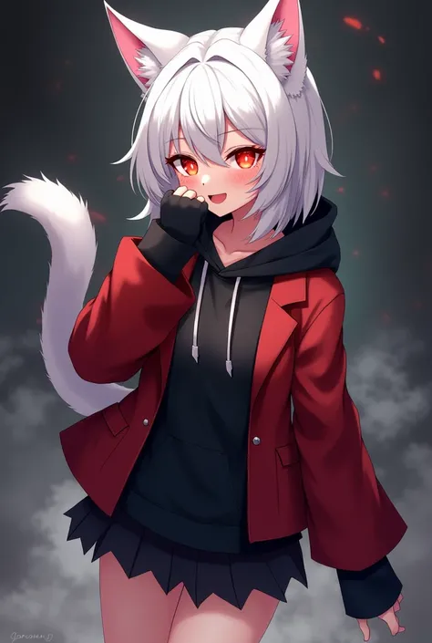 Anime, female, bratty, Red glowing eyes, Cat tail and ears, Medium White Wolf Hair style, Black hoodie, short hand red blazer, gloves fingertips, black skirt