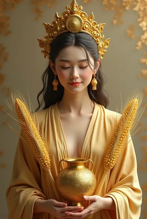 A realistic woman image golden tara goddess with vase of gold and sheaf of corn 