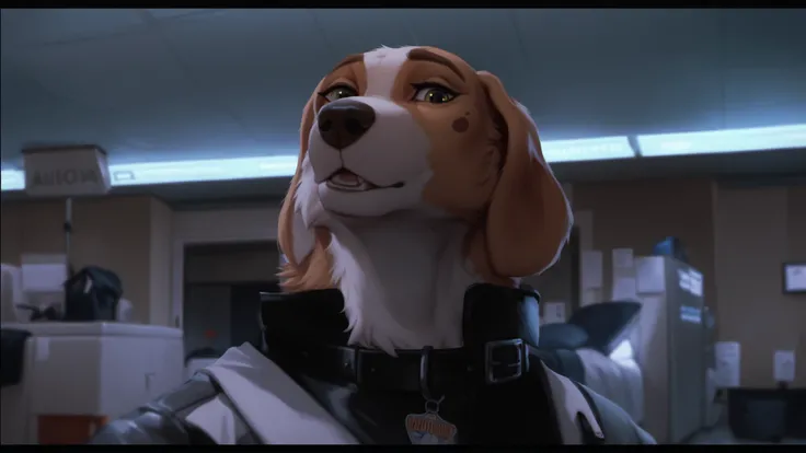 score_9, score_8_up, score_7_up, score_6_up, Anthropomorphic, furry beagle, wearing a black airport security sheet and an black leather collar with a badge, airport cargo room, Looking at viewer, 