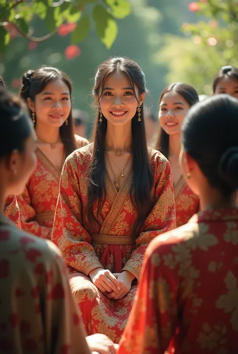 a beautiful woman dressed in a kebaya, She is Women gathered around, sharing mythical stories or cultural lessons. The weather is sunny and bright.