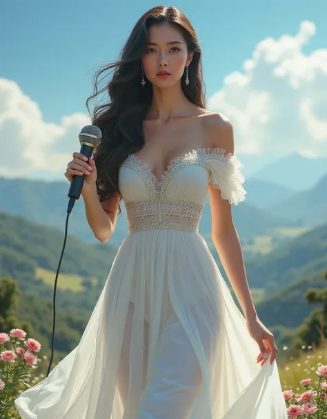 a woman in a white dress holding a microphone, by Lü Ji, by Chen Jiru, by Tang Di, elegant cinematic fantasy art, by Zou Zhe, elegant photorealistic, by Wang Duo, gorgeous digital painting, by Yun Shouping, by Li Di, jingna zhang, by WLOP, by Li Song, by W...