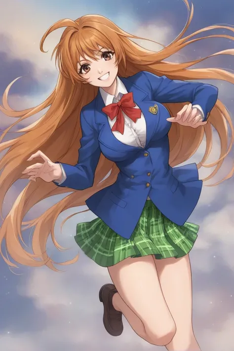 best quality,masterpiece,looking at viewer,absurdres,1girl,score_9,score_8_up,score_7_up,source_anime BREAK natsume aya,orange hair,long hair,brown eyes,ahoge,breasts,white ,skirt,bow,plaid,large breasts,jacket, plaid, green plaid skirt, blue blazer, evil ...