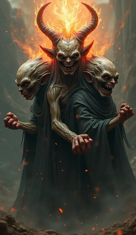 A photorealistic and mystical depiction of Sandoku Ma (三毒魔), the embodiment of the three poisons in Buddhist lore: greed, anger, and ignorance. The image portrays three interconnected,  grotesque figures, each symbolizing one of the poisons. The first figu...