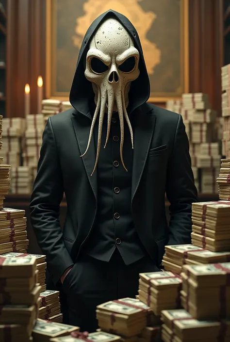 Make a swindler with lots of money a lot a lot of money piled up and a mask just like that of the boss from round 6, Netflix Series