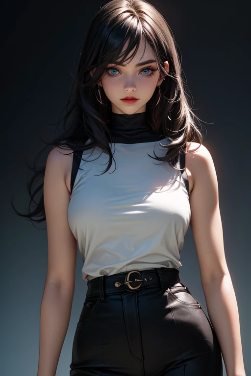  Tall woman,  with defined facial features . Peculiar beauty .  Black and slightly wavy hair .  She has a pale complexion .  She always wears makeup and with red lips passion . Deep blue eyes.  Wear wide pants and sleeveless t-shirts. scars on the arms.