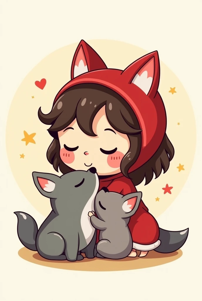 Pour faire un logo, un visage d un petit chaperon rouge avec des cheveux bruns, mignonne qui embrasse des bebes loups gris