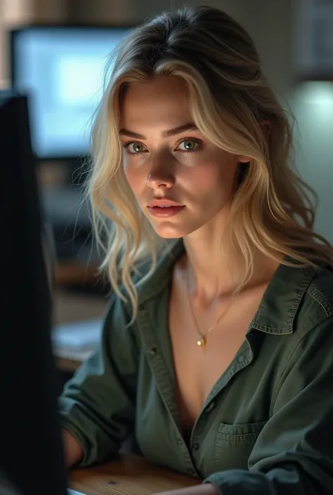 A 20-year-old girl looks at the monitor,  blonde ,  breast size 3,  realistic photo 